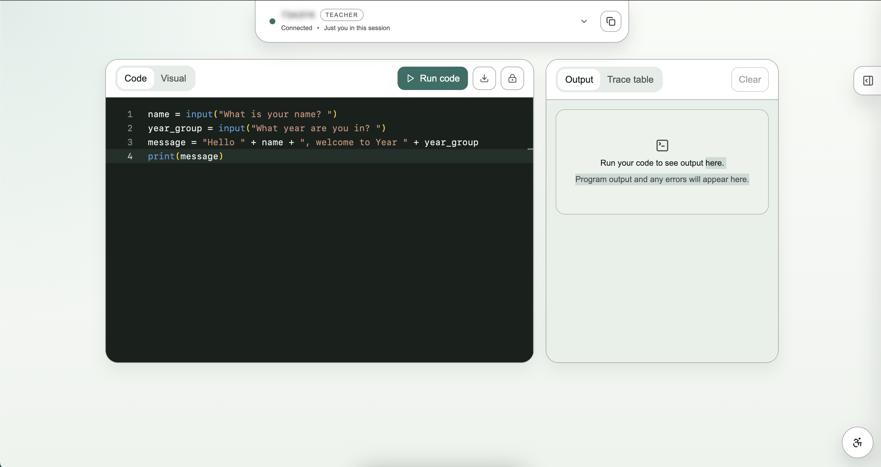 Shared classroom editor with code, output, and lesson tools open.